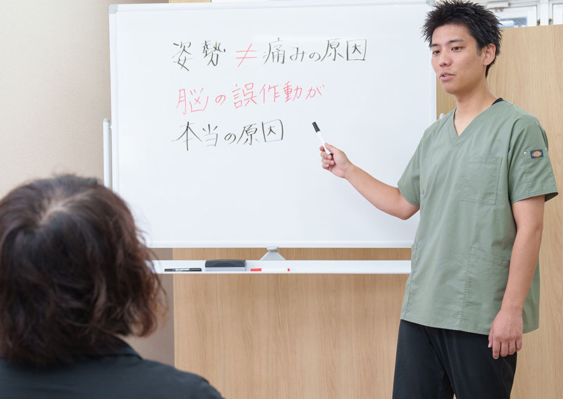 痛みとは「姿勢が悪い＝痛み」だけではありません。根本改善をするにために痛みに対する正しい考え方をお伝えします。あなたの症状や原因を分かりやすく説明し痛みが治るイメージを共有します。