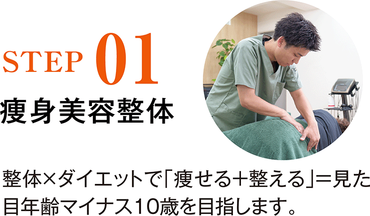 STEP01痩身美容整体 整体×ダイエットで「痩せる+整える」=見た目年齢マイナス10歳を目指します。